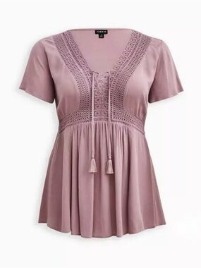 Babydoll Crinkle Gauze Crochet Inset Lace-Up Top